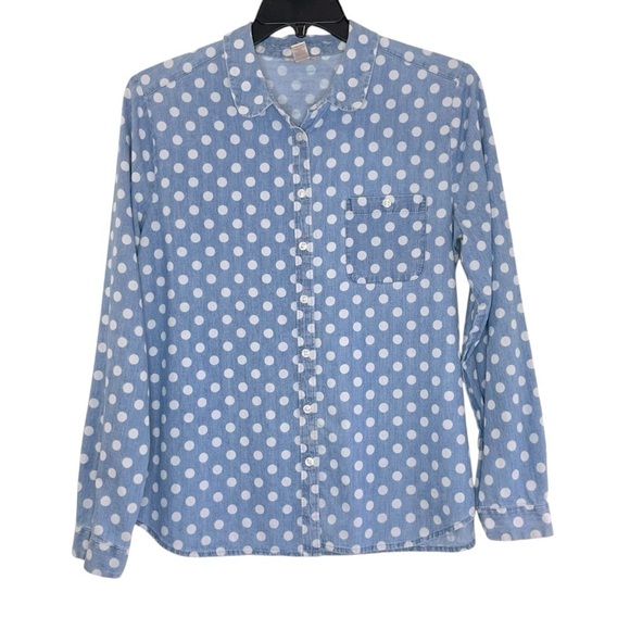 Loft Womens Blue & White Polka Dot Top Shirt Sz L Button Front Long Sleeve - Picture 2 of 12